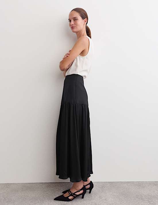 Satin Dropped Waist Maxi A-Line Skirt