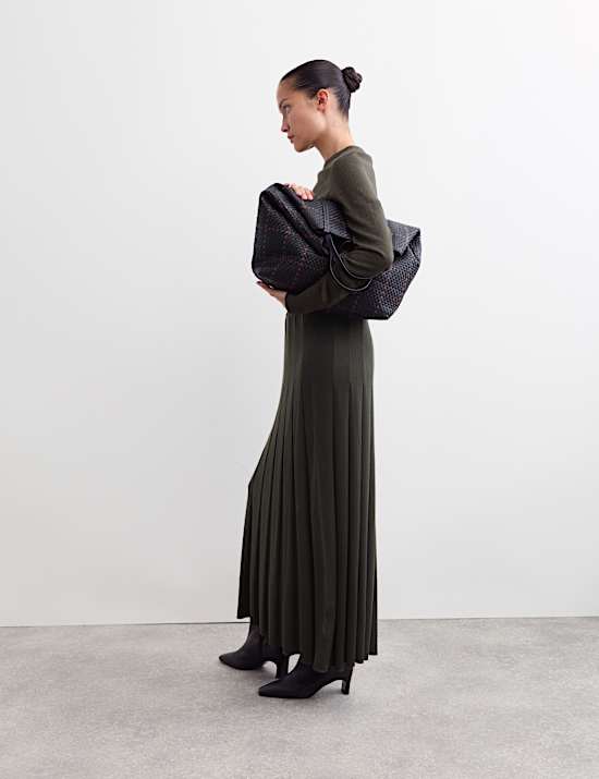 Wool Rich Metallic Pleated Knitted Midaxi A-Line Skirt