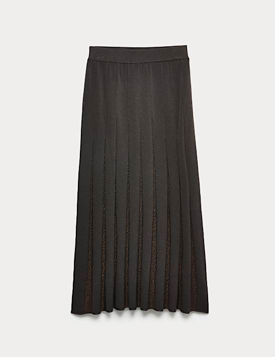 Wool Rich Metallic Pleated Knitted Midaxi A-Line Skirt