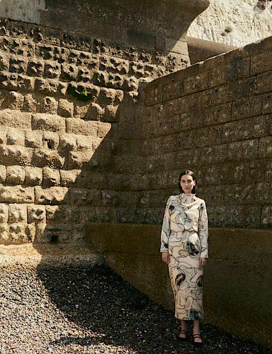 Silk Blend Oyster Print Midi Column Skirt