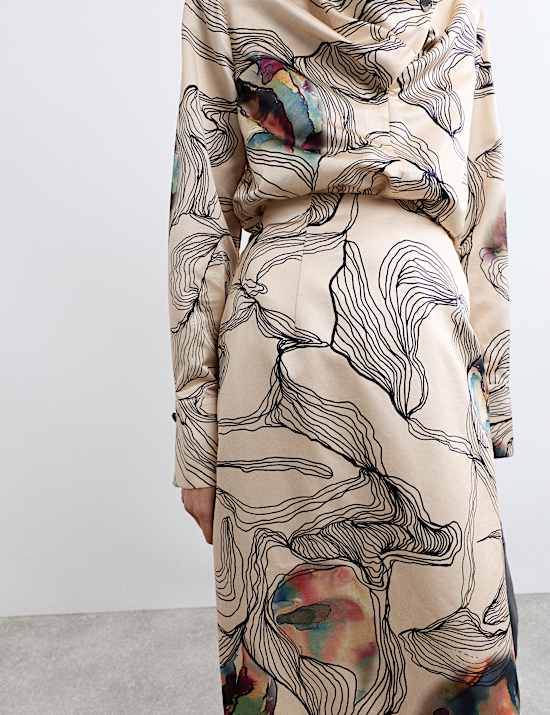 Silk Blend Oyster Print Midi Column Skirt