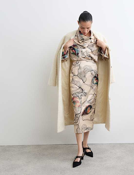 Silk Blend Oyster Print Midi Column Skirt