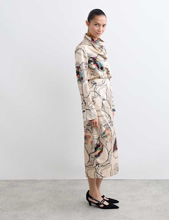 Silk Blend Oyster Print Midi Column Skirt
