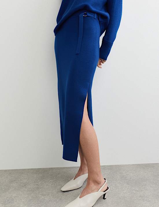 Jupe midi coupe droite en maille 100 % laine m&eacute;rinos