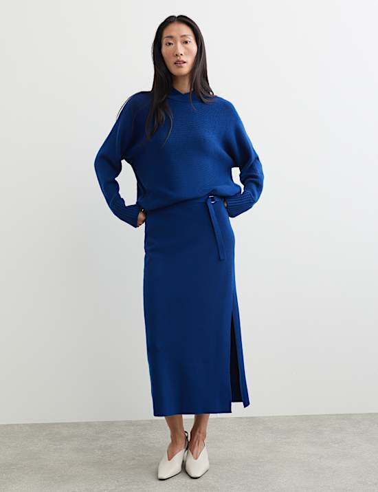 Jupe midi coupe droite en maille 100 % laine m&eacute;rinos