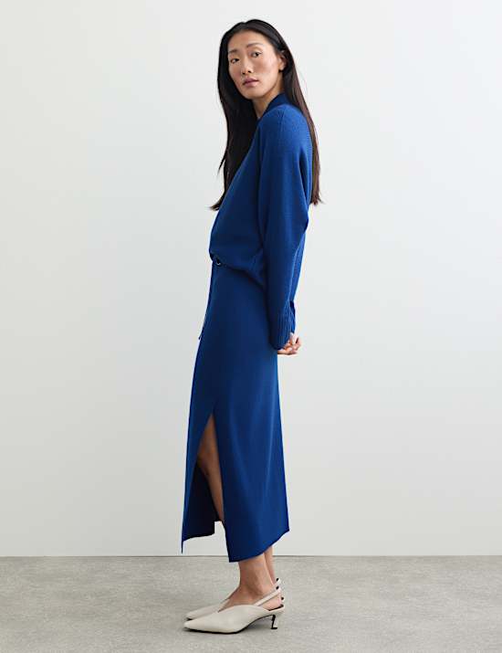 Jupe midi coupe droite en maille 100 % laine m&eacute;rinos