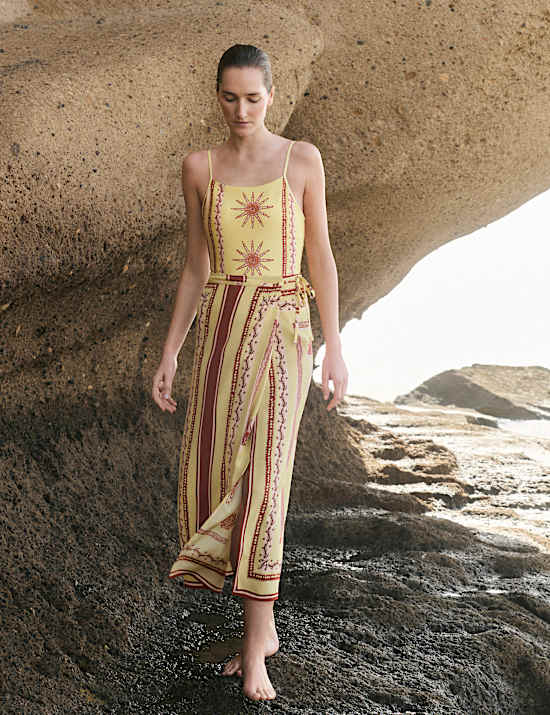 Sp&oacute;dnica kopertowa midi z apaszkowym nadrukiem 100% jedwabiu