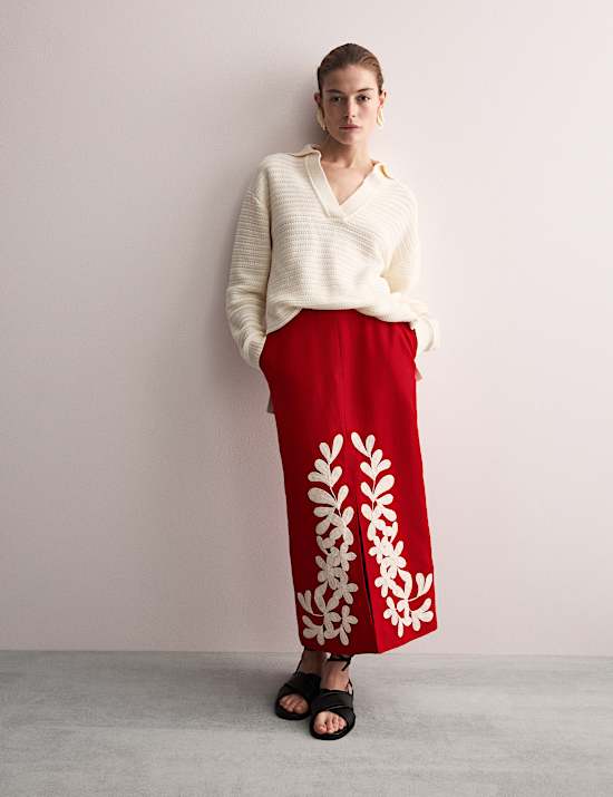 Pure Linen Embroidered Midi Column Skirt