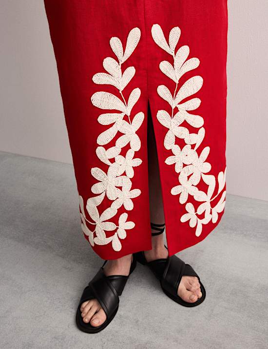 Pure Linen Embroidered Midi Column Skirt