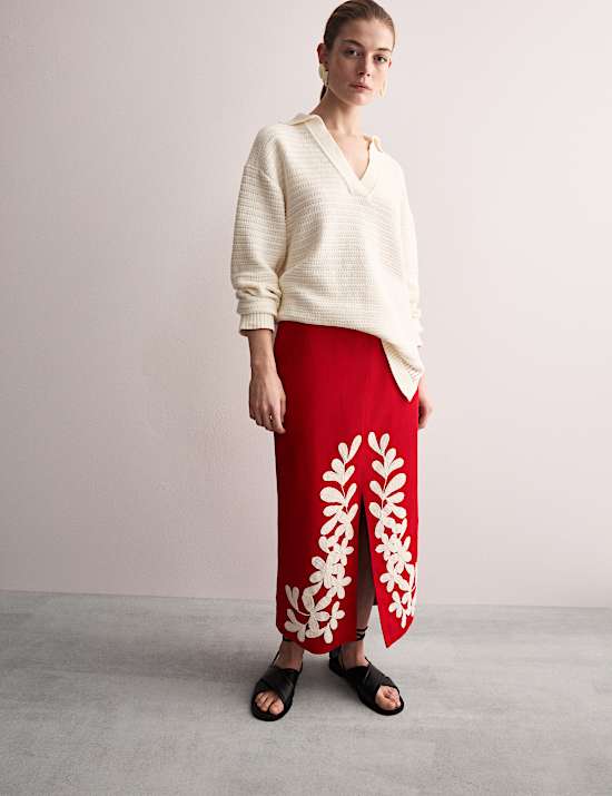 Pure Linen Embroidered Midi Column Skirt