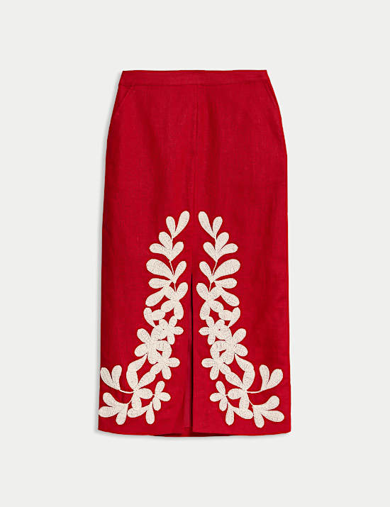 Pure Linen Embroidered Midi Column Skirt