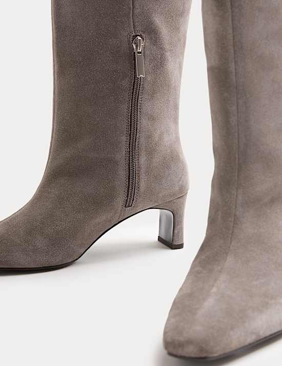 Suede Block Kitten Heel Knee High Boots