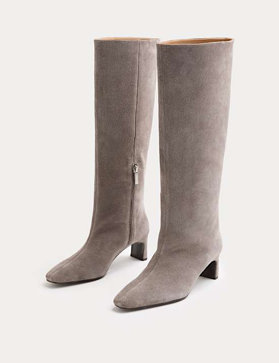 Suede Block Kitten Heel Knee High Boots