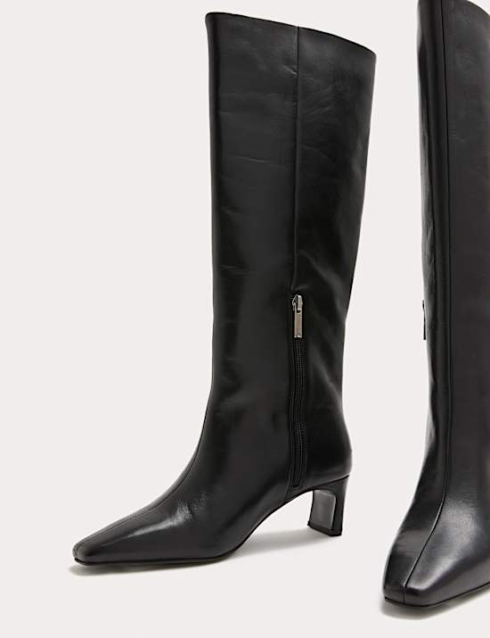 Leather Block Kitten Heel Knee High Boots
