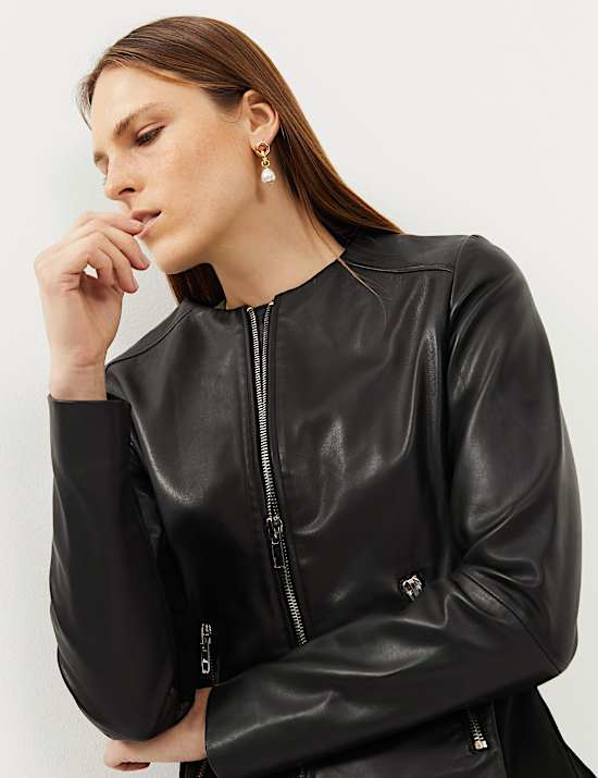 Leren, kraagloos jack