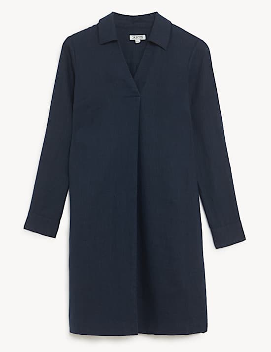 שמלה רב-עונתית באורך הברך מפשתן טהור עם צווארון וי