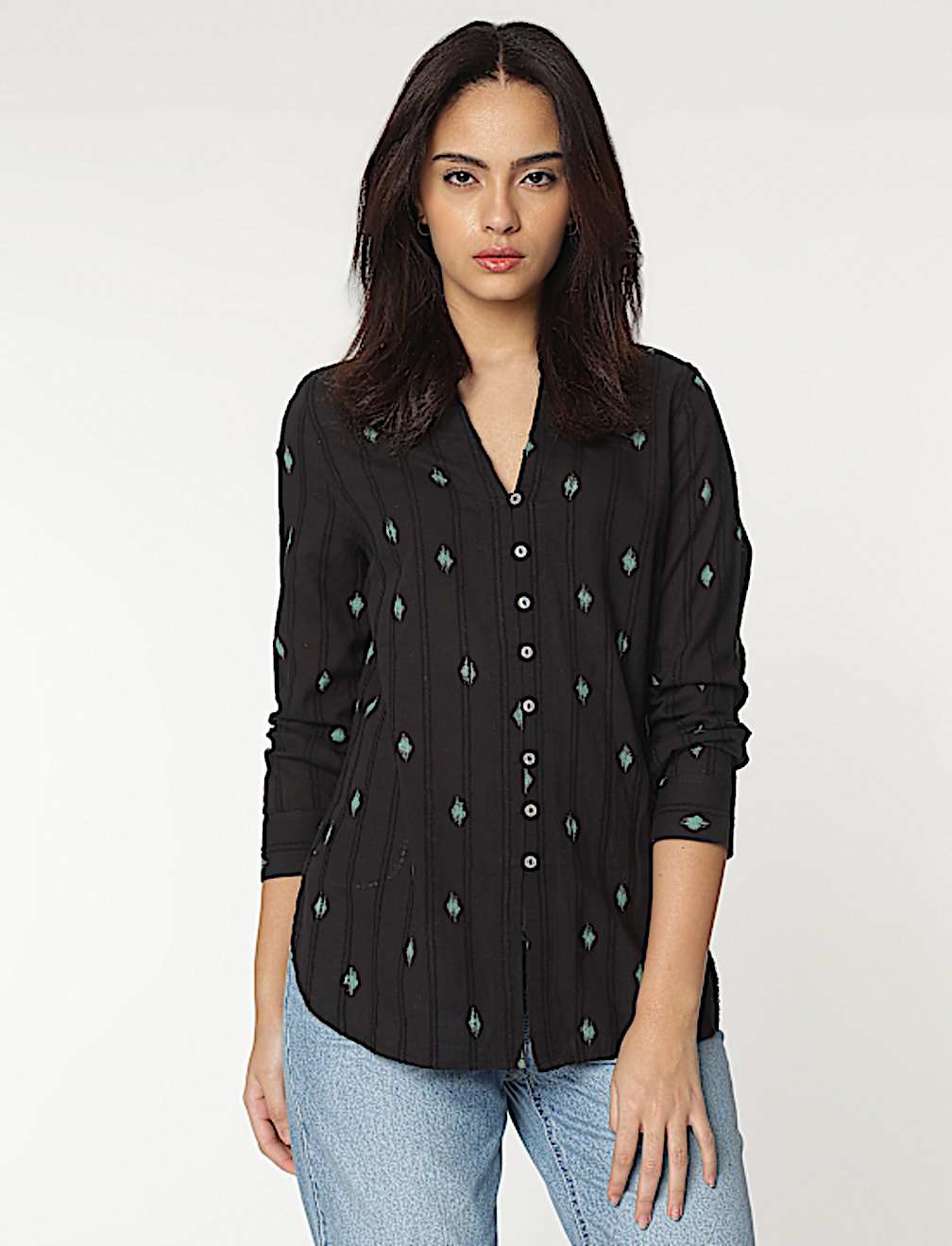 Pure Cotton Mandarin Collar Textured Top
