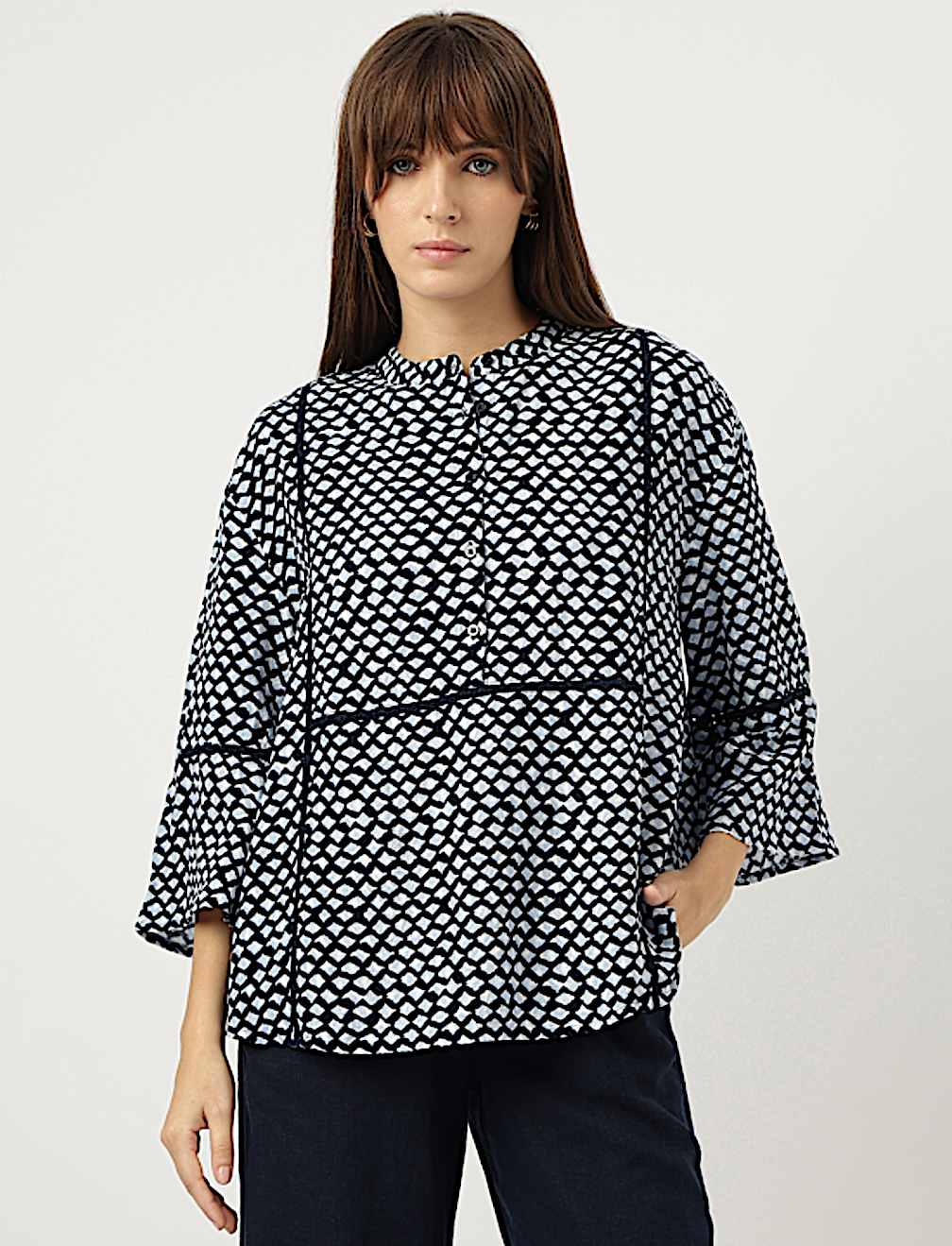 Linen Rich Tie-Dye Mandarin Collar Top