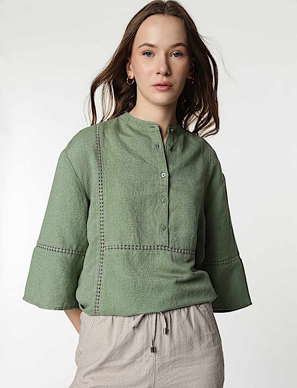 Linen Rich Embroidered Bell Sleeves Tunic