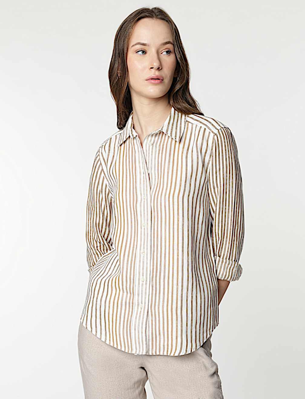 Pure Linen Striped Spread Collar Shirt