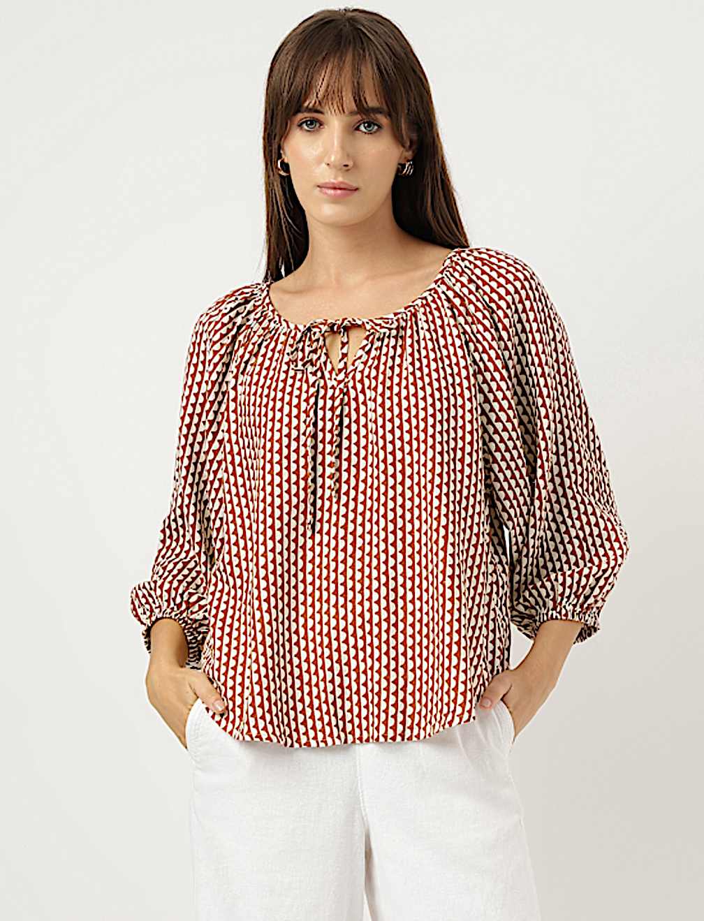 Linen Rich Geometric Print Tie-Ups Neck Top