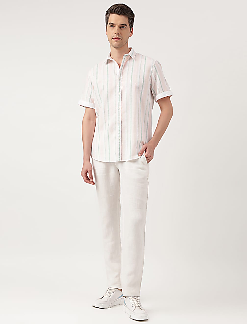 Linen Blend Striped Spread Collar Shirt