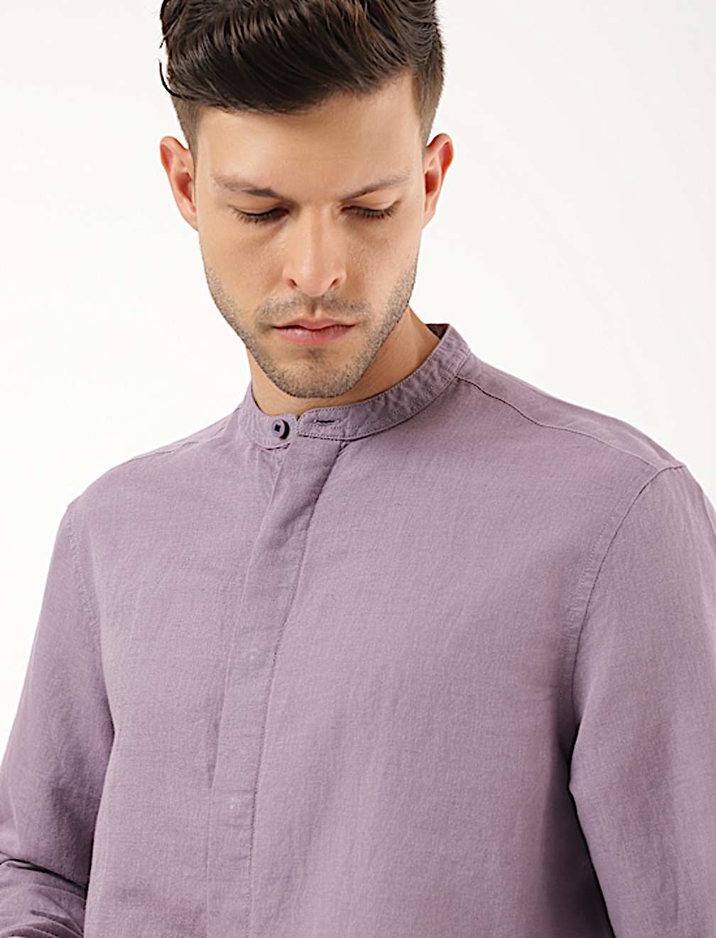 Linen Mix Plain Mandarin Collar Shirt