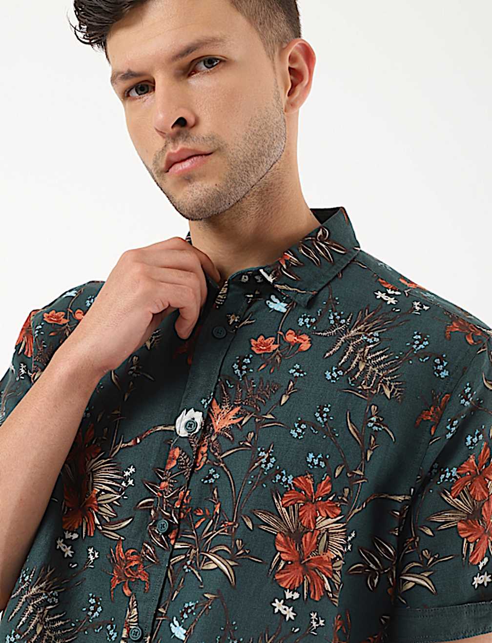 Linen Mix Floral Print Spread Collar Shirt
