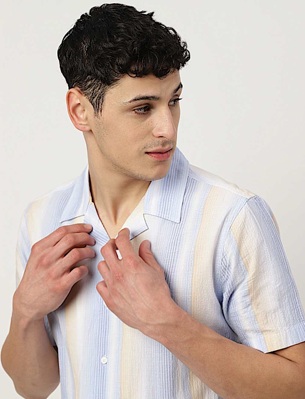 Cotton Mix Striped Spread Collar Shirt