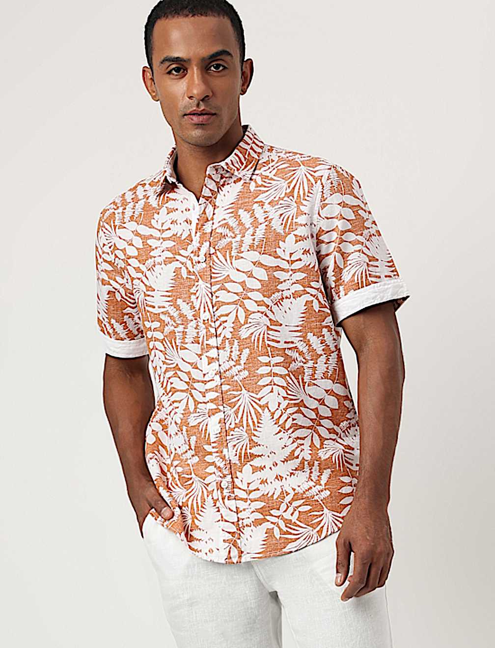 Regular Fit Flax Linen Blend Printed Shirt