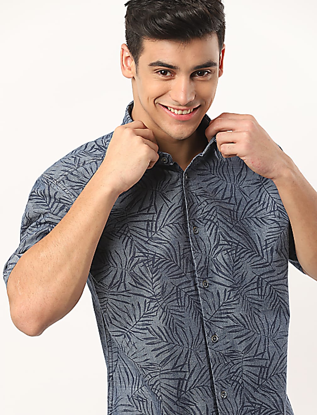 Pure Cotton Printed Spread Collar Denim Shirt