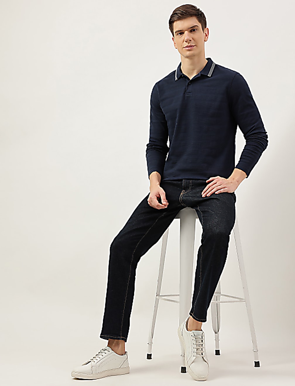 Pure Cotton Striped Full Sleeve Polo Shirt