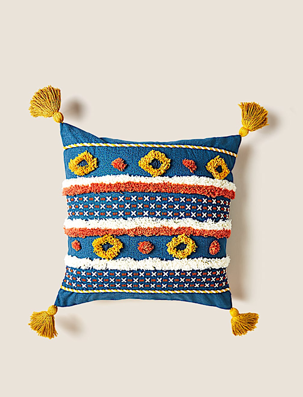 Pure Cotton Striped Tufted Tassel Cushion
