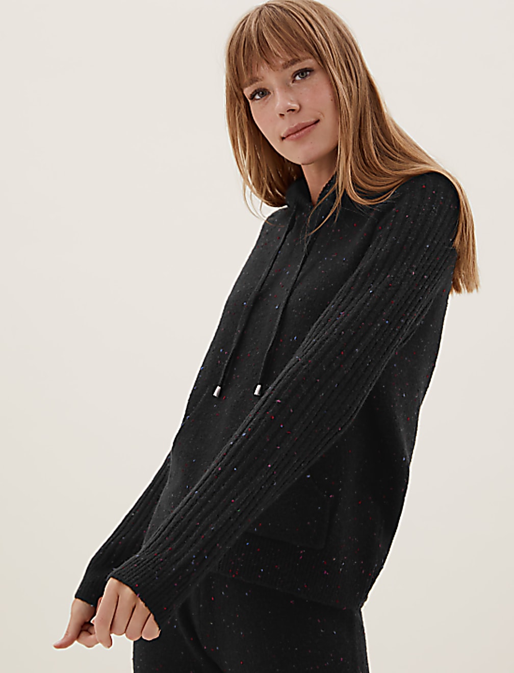 Textured Knitted Rib Sleeve Relaxed Hoodie