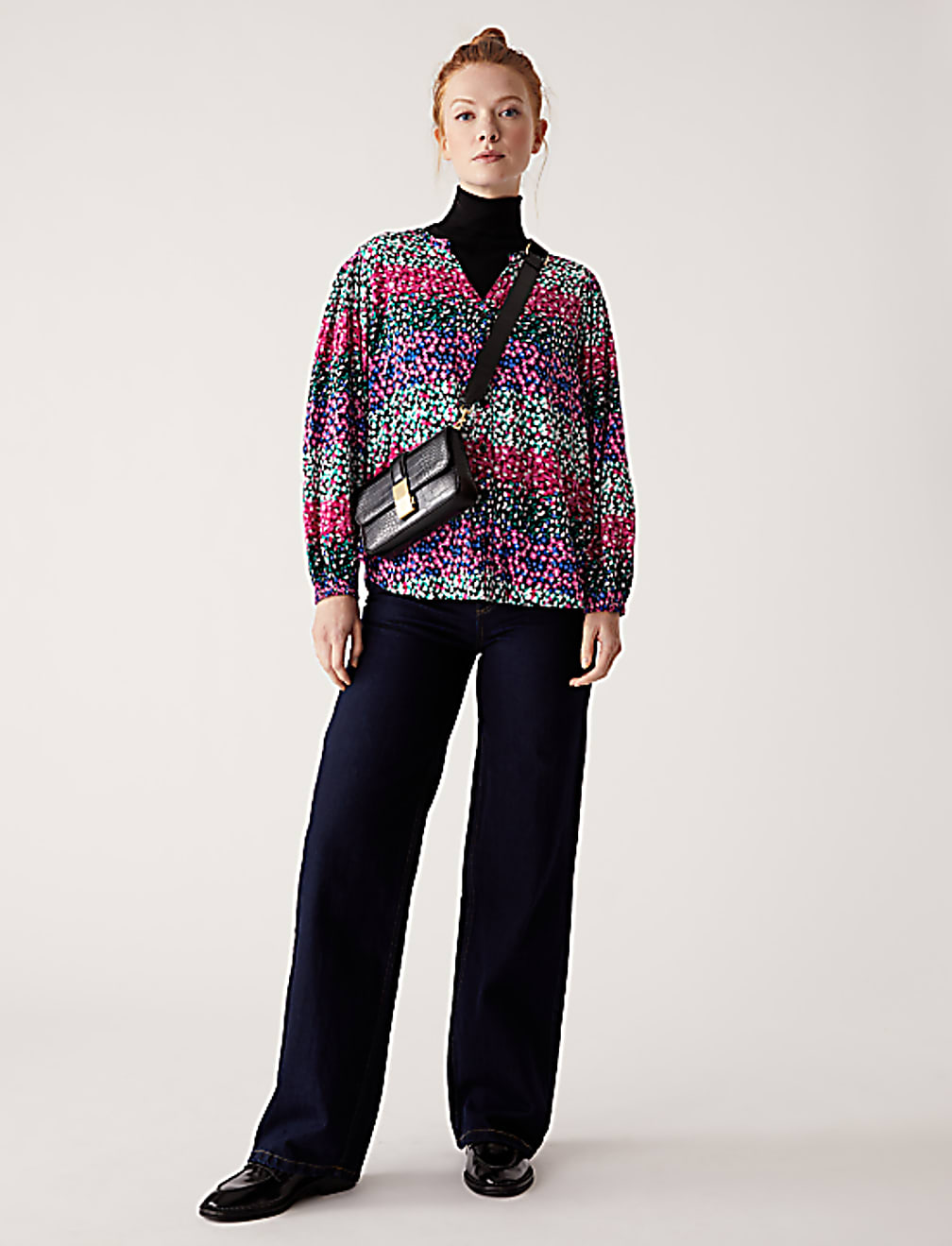 Cotton Blend Printed V-Neck Relaxed Blouse