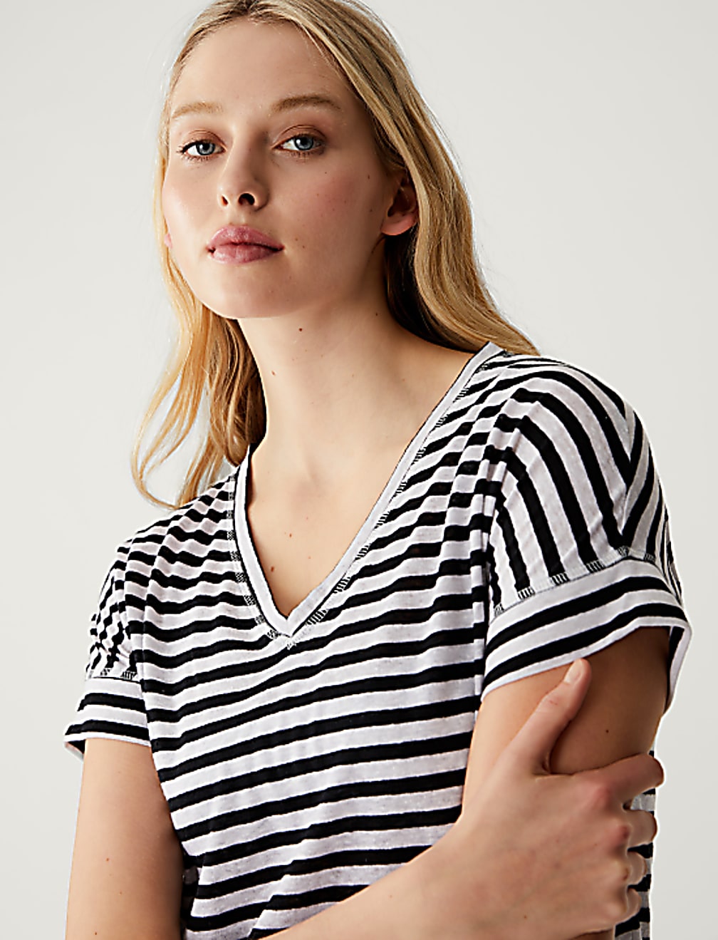 Linen Rich Striped V-Neck T-Shirt