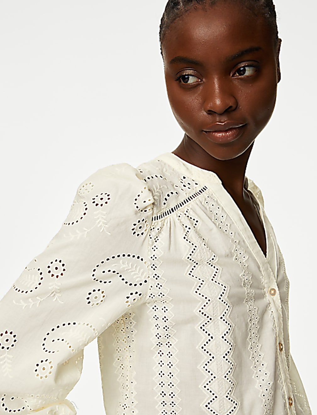 Pure Cotton Broderie V-Neck Blouse