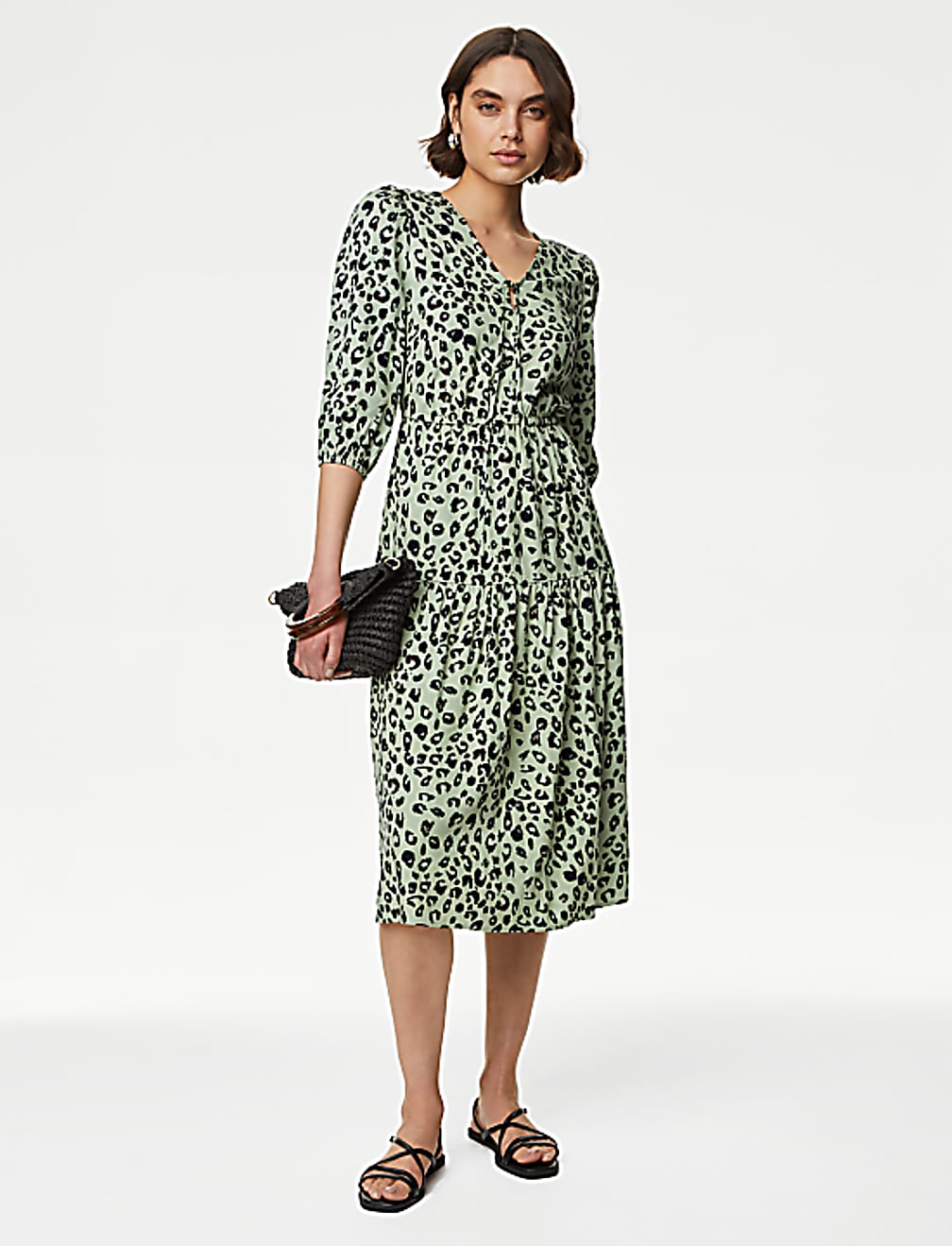 Printed Tie Neck Midi Tiered Dress