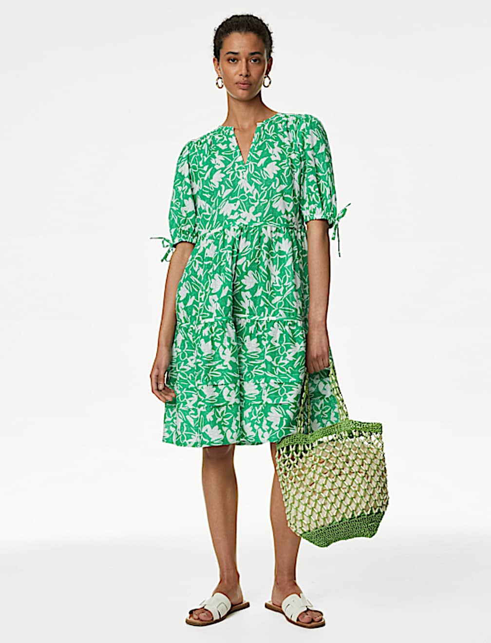 Pure Cotton Floral Pintuck Knee Length Tiered Dress