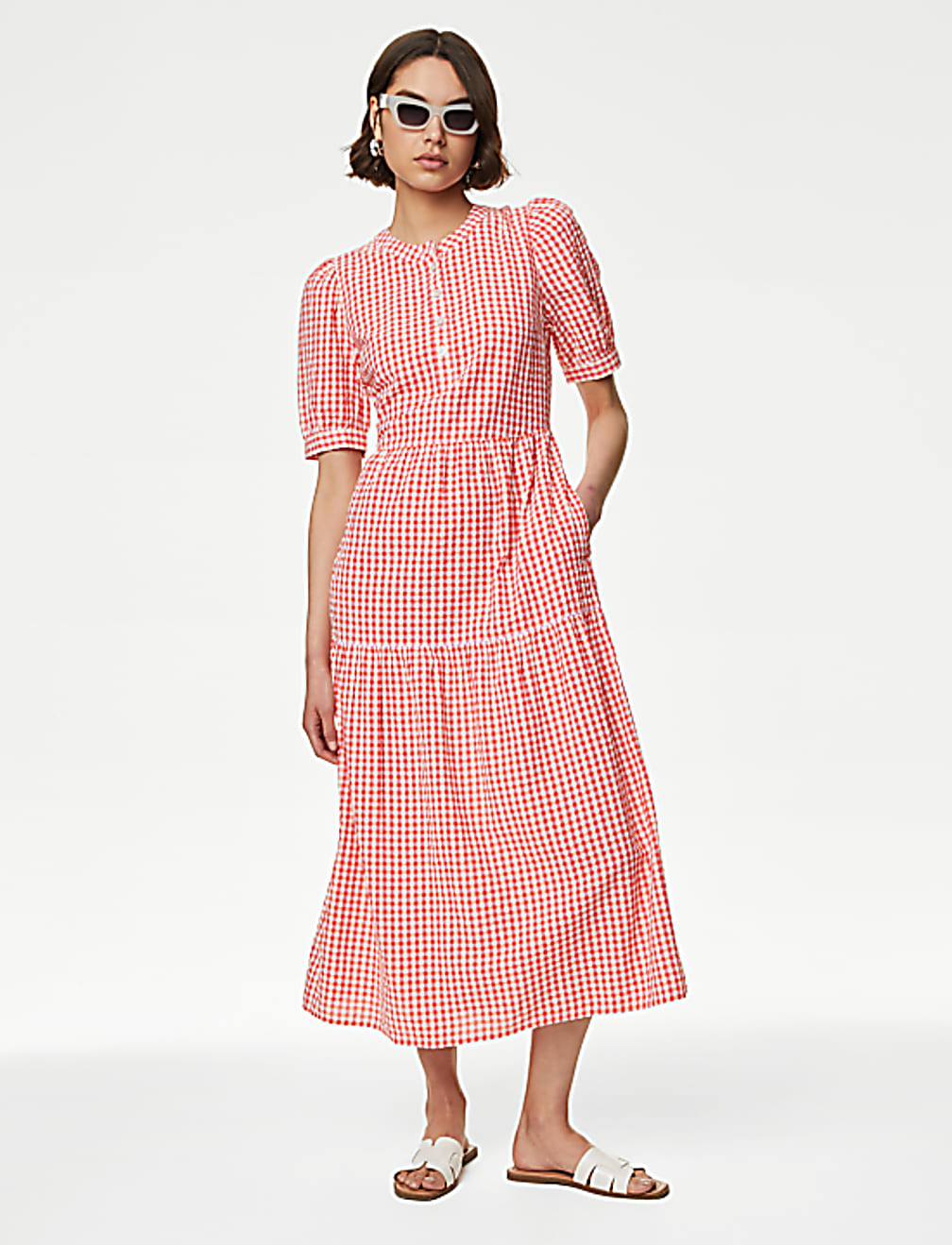 Cotton Rich Gingham Midi Tiered Dress