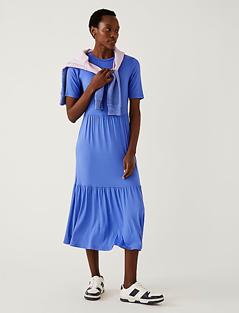 Jersey Round Neck Midi Tiered Dress