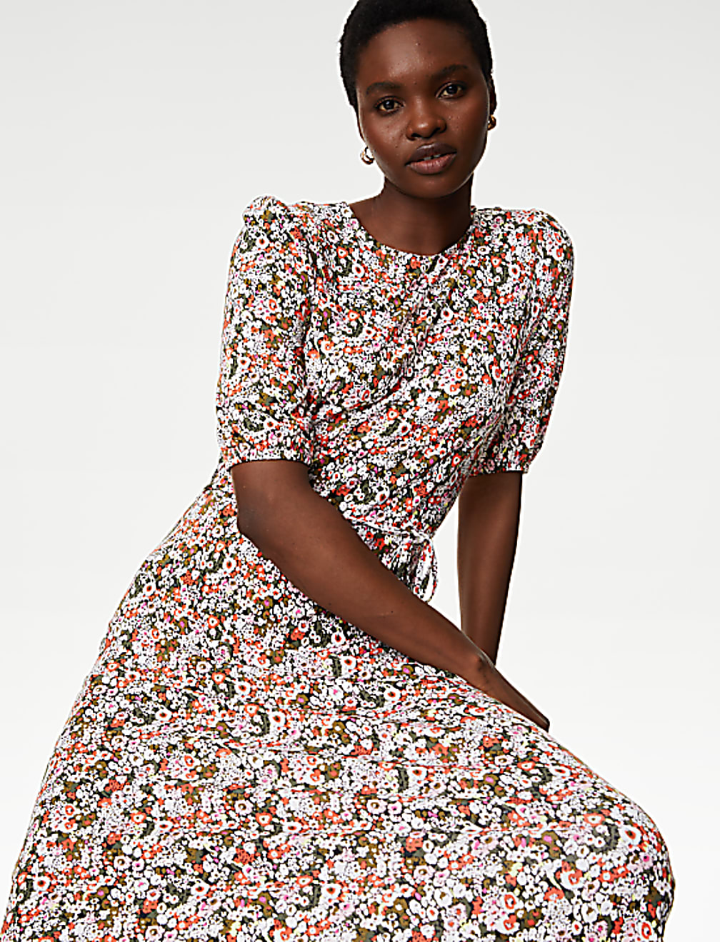 Jersey Printed Belted Midi Tea Dress