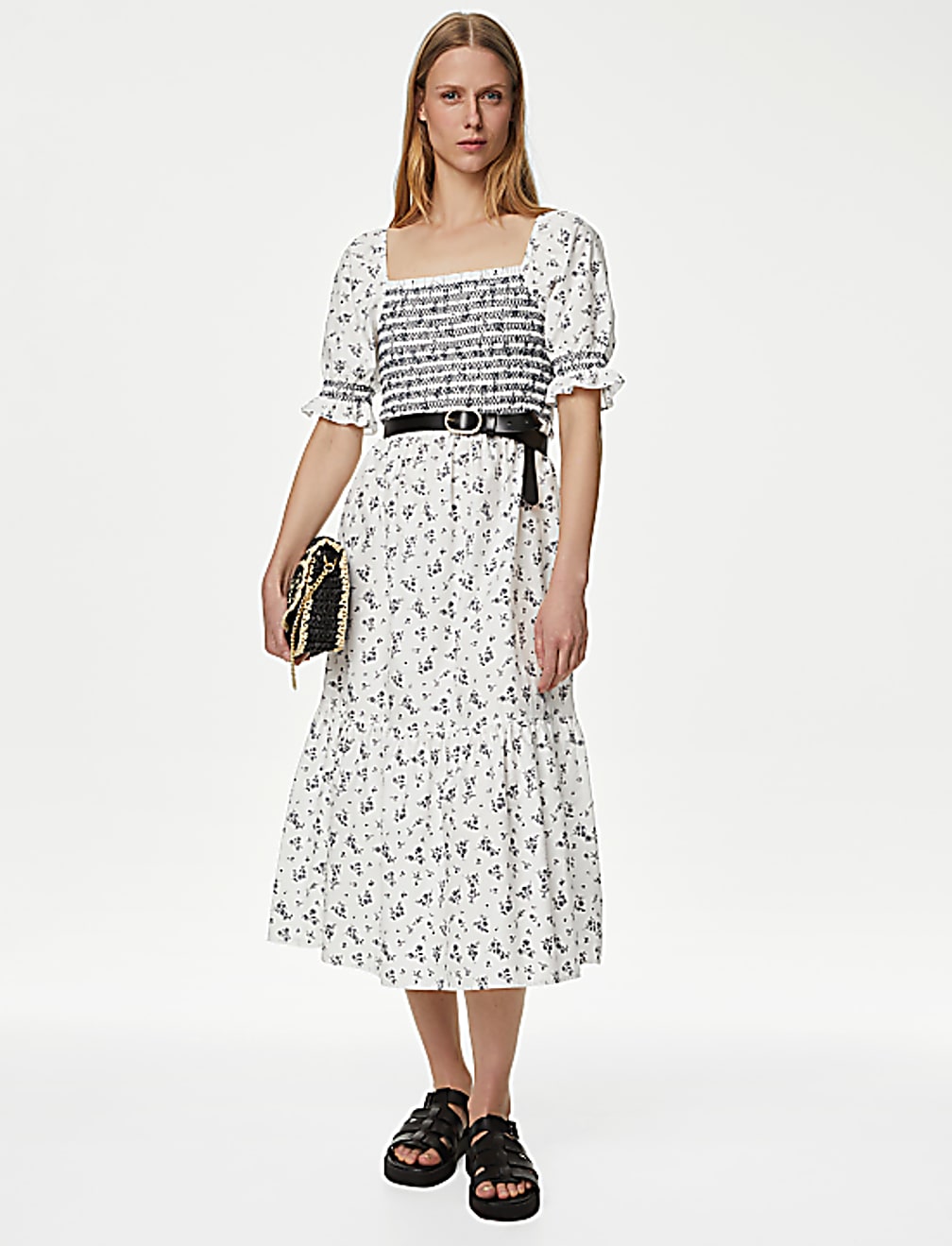 Pure Cotton Printed Square Neck Midi Dress