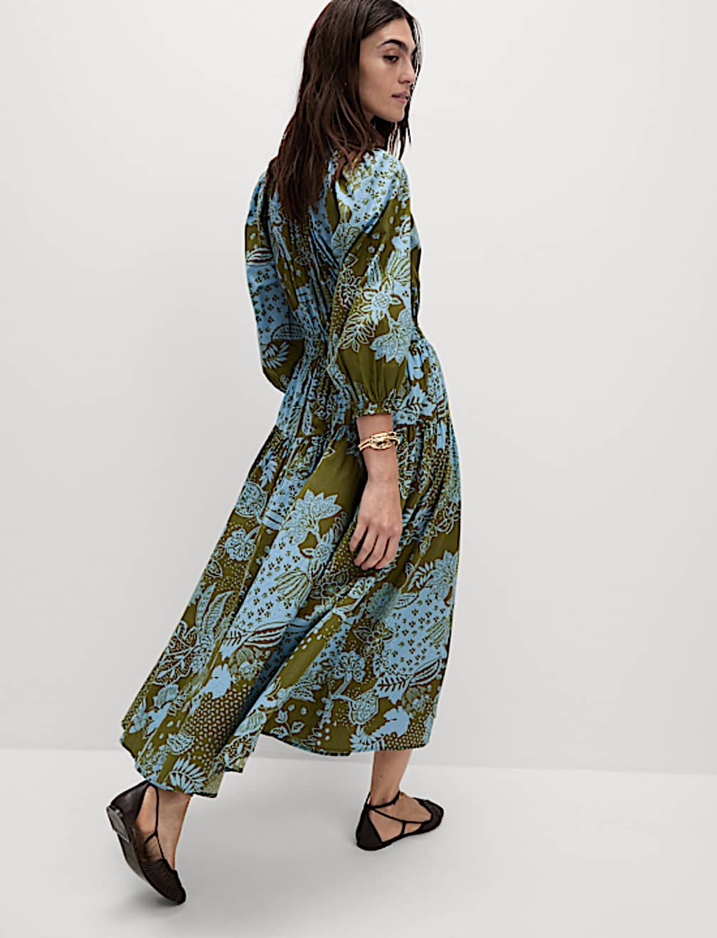 Pure Cotton Printed V-Neck Midi Waisted Dress