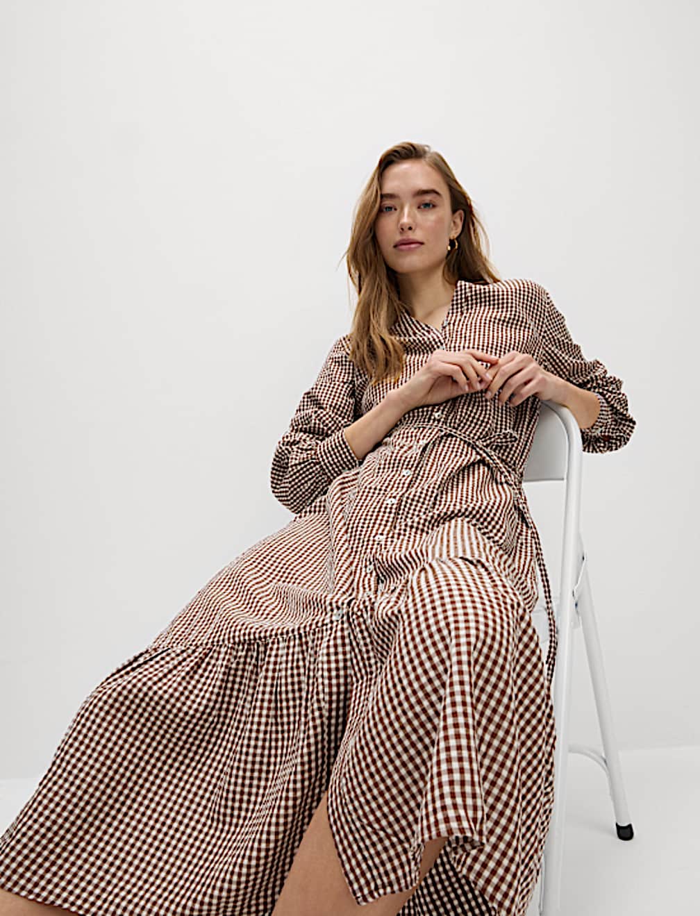 Modal Rich Checked Button Front Midi Dress