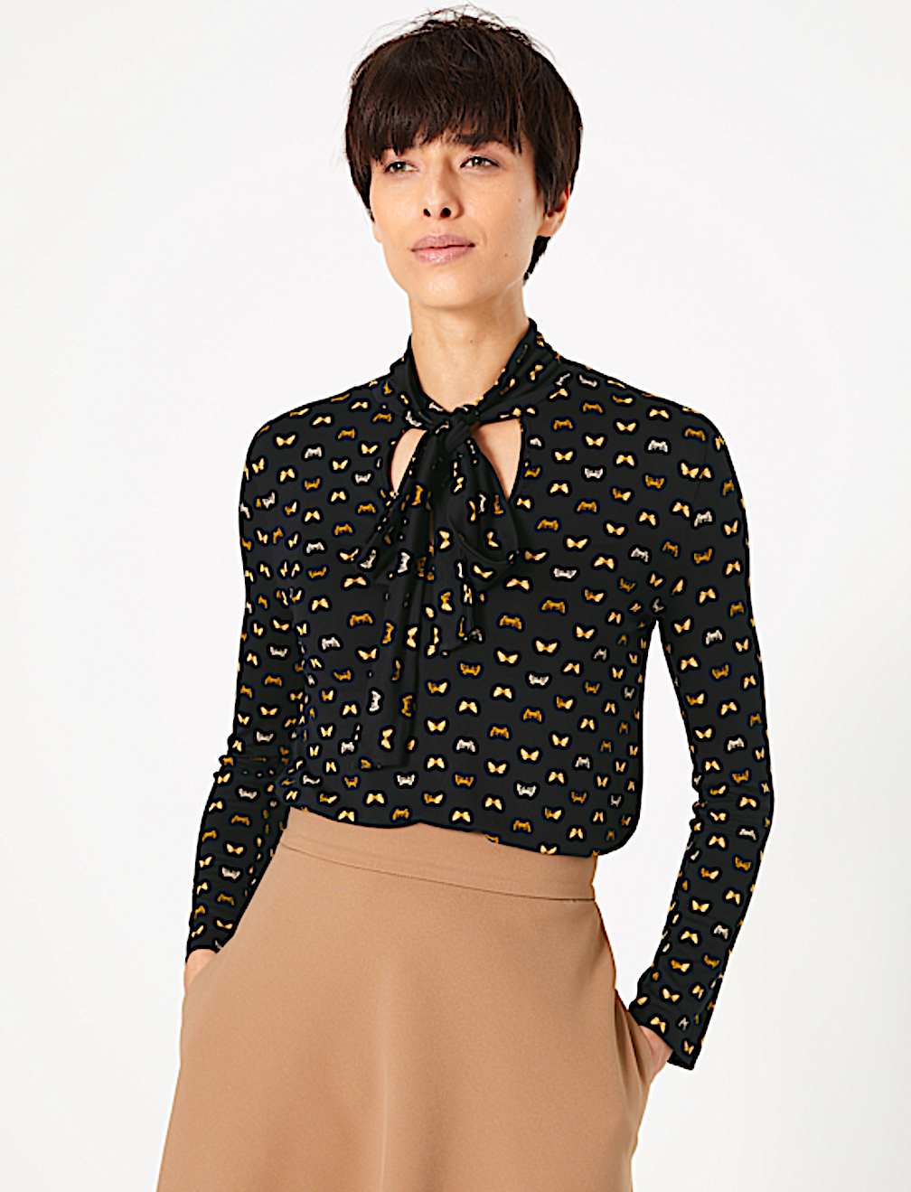 Butterfly Print Tie Neck Top