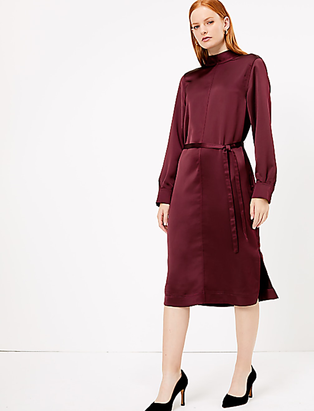 High Neck Satin Midi Dress