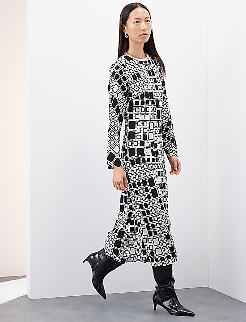 Cupro Rich Printed Midaxi Waisted Dress
