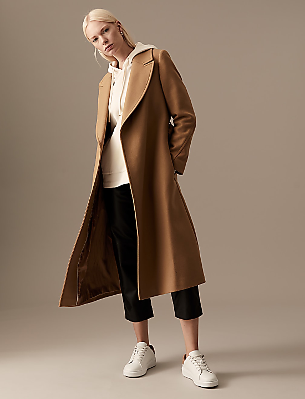 Wool Rich Belted Longline Coat with Cashmere