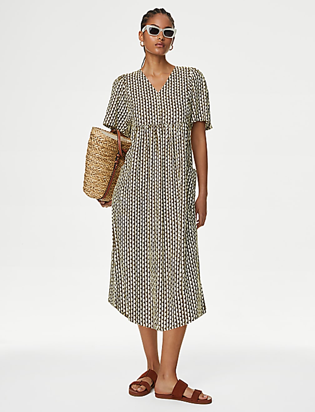 Linen Rich V-Neck Midi Kimono Shift Dress